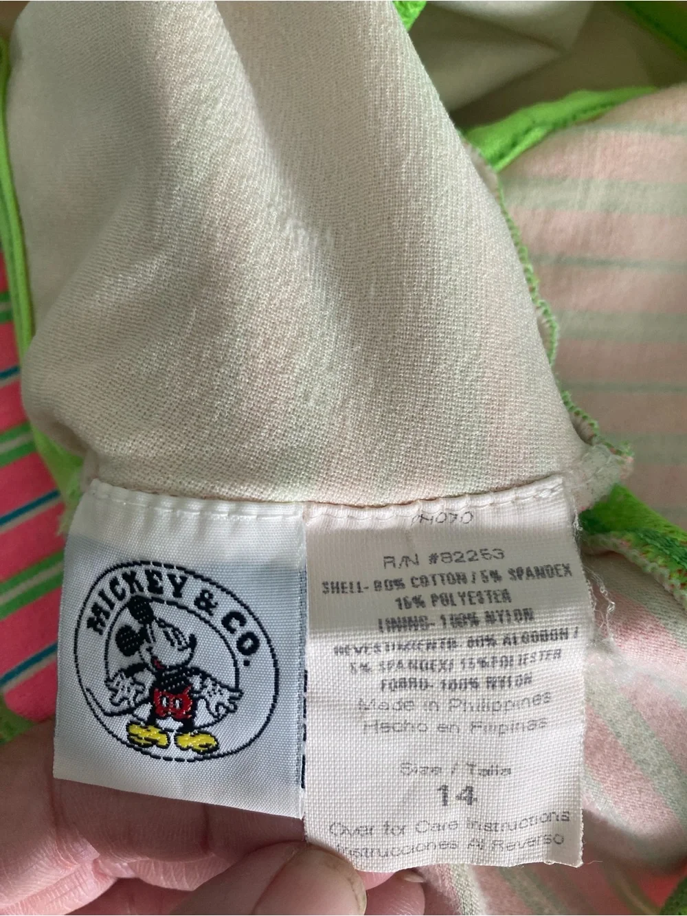 Mickey & Co 90s Vtg One Piece Swim Suit Pink & Lime Green Stripes Mickey Minnie